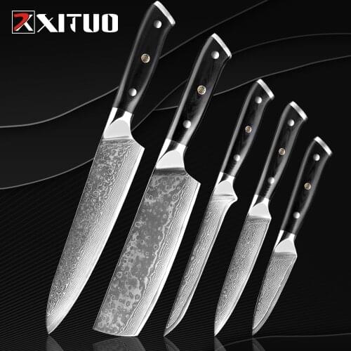 XITUO Damascus Chef Knife Damascus Steel Japan Sankotu Cleaver Knife Cut Meat Utility Kiritsuke Fruit Kitchen Knife Cooking Tool