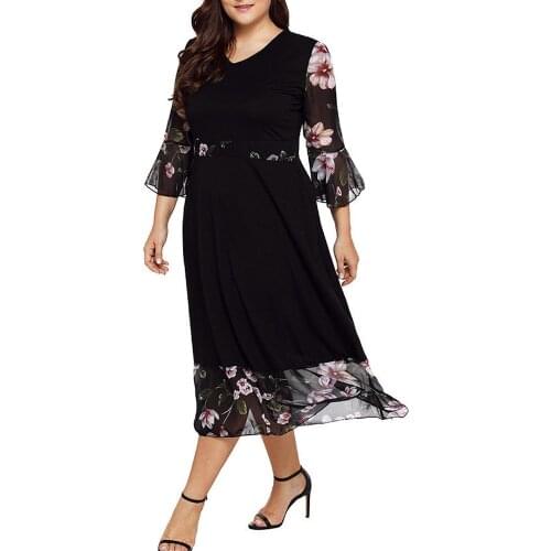 Chiffon Floral Party Dress Long Sleeve Plus Size Women Midi Dresses V Neck Wrap Vestidos Three Quarter Sleeve Casual Sukienka