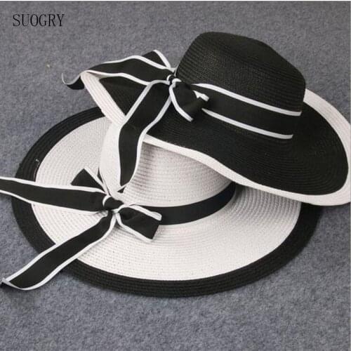 SUOGRY Sun Hats Fashion Black And White Color Stripes Summer Vacation Rest Lady Big Beach Shadow Straw Hat Can Be Folded Hats