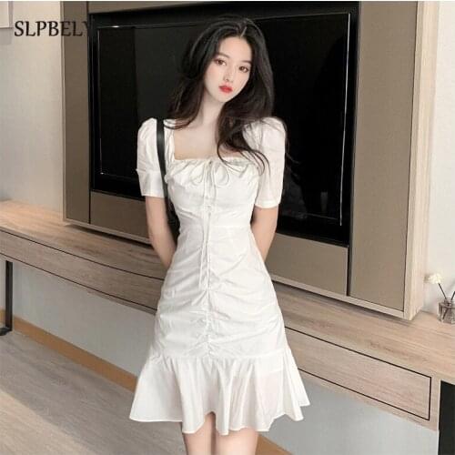 SLPBELY France White Women Dress Summer Vintage Square Collar Short Sleeved Sexy Short Chic Mini Dress Fashion Ruffles Vestidos