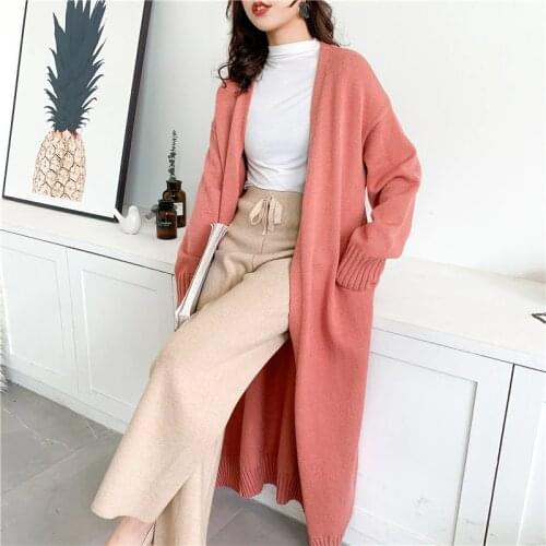 [ZAYAU]Long Knitted Cardigan womens Korean Version New Net Red Lazy Wind Loose Sweater over the Knee Jacket Thin in Winter