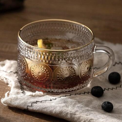 Embossed Cup Nordic Style Retro Sunflower Glass Cup With Handle Brandy Snifter Wine Coffeee Milk Oatmeal Breakfast Goldline Cup