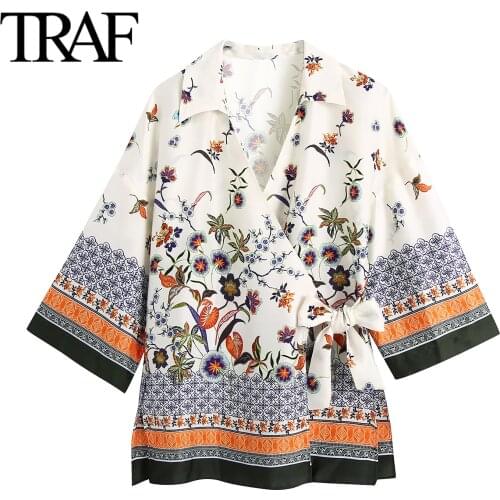 Traf Za Women Clothing Summer 2021 Chic Bowknot Lace Up Shirts Vintage Floral Print Tops Loose Short Sleeve Blouses