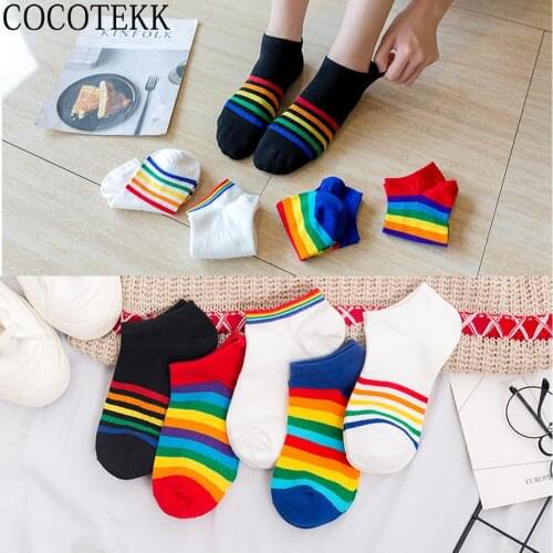 Women Socks Ins Style Fashion Rainbow Short Stripe Socks Women Harajuku Cool Hipster Art Low Cute Socks Trend Street Fmale Sox