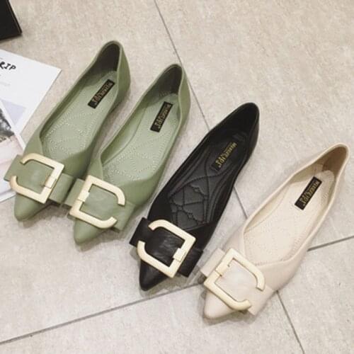 Spring New Shallow Mouth Flat Ballerina Womens Shoes Pointed Toe Bow Metal Buckle Large Size Womens Shoes35-43