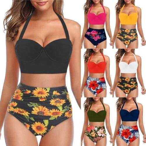 5XL Women Floral Bikini Set High Waist Swimsuit Crop Top Push Up Swimwear Plus Size Tankini Halter Bathing Suit Sexy Biquini