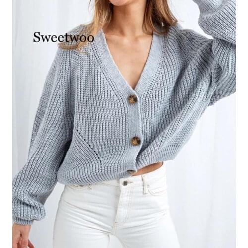 Sexy v-neck women knitted cardigan Casual button bat sleeve white sweater cardigan Autumn winter loose knit sweater coat