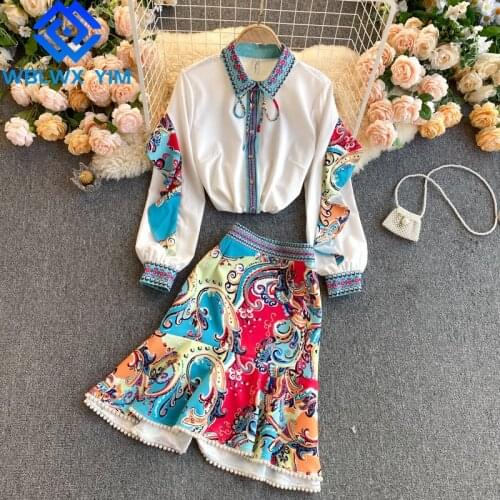 Spring Women Plus Size Two piece set Fashion Ruffle Spliced Long sleeve Shirt And High waist Mermaid skirt 2 piece set Female