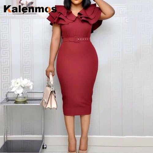 KALENMOS Midi Dress Women Elegant Slim Belt OL Summer Dress 2020 Ruffle Mid-Calf Bodycon Pullover Plain African Dresses Vestidos