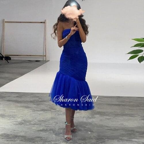 Simple Royal Blue Midi Mermaid Evening Dress 2021 Sexy Strapless Short Prom Dresses for Women Wedding Guest Party Formal Gowns