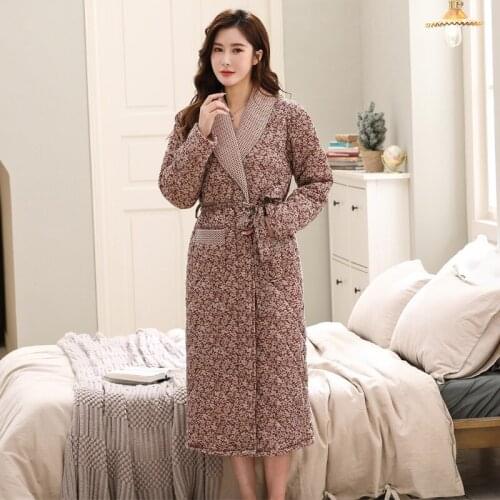 Winter Long Robe For Female Cotton Quilted Bathrobe Thick Flannel Sleepwear Plus Size XXXL Kimono Bathrobes Women Warm Robe