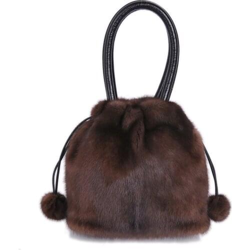 2020 Fashion Mink Fur Handbags with 2 Fur Balls Drawstring Bag High-end Wrist Bags Female Messenger Bag Mink Leather Backpack