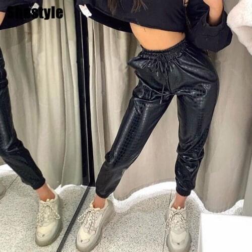 ALLUKASA 2020 PU Leather Crocodile Pattern Drawstring Jogger Pants Autumn Winter Women Fashion Streetwear Outfits Trousers