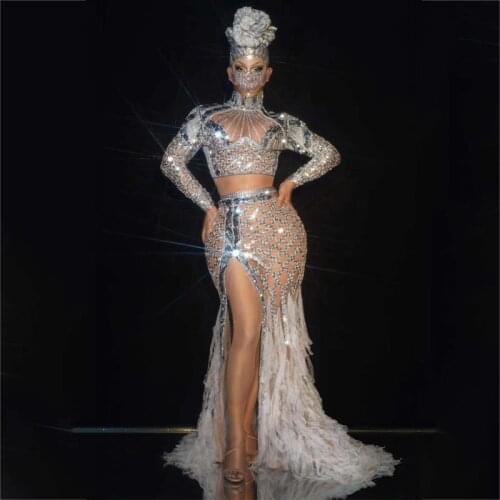 Sequins Sexy Mesh Fringed Top Long Skirt Rave Outfits Pole Dance Outfit Women Festival Clothes Women Stage Costumes XS1340