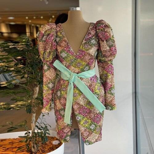 Sparkly Sequins Short Prom Dress Long Sleeves With Band Knee Length Cocktail Party Night Club Wear Celebrity Formal Gowns