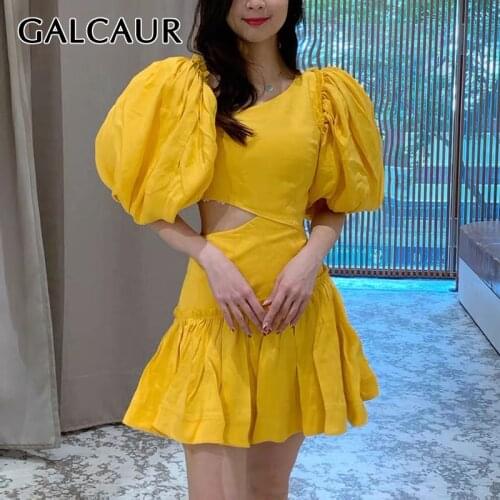 GALCAUR Yellow Elegant Dress For Women Diagonal Collar Puff Sleeve High Waist Hollow Out A Line Mini Dresses Female 2021 Clothes
