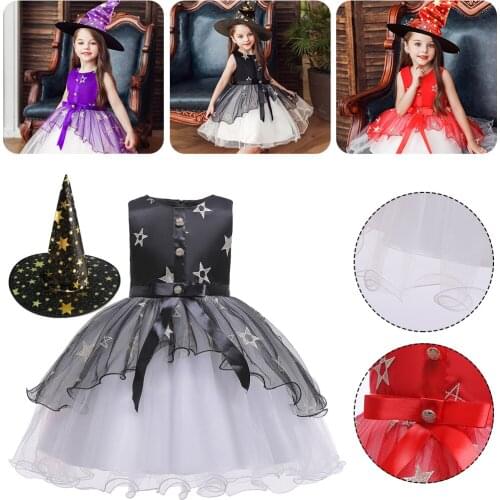 Halloween Witch and Hat for Kids Red/Purple/Black Party Dress Cosplay Stage Costume Halloween Supplies for Girls