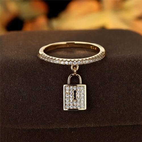Charm White Zircon Full Stone Ring Classic Gold Silver Color Engagement Ring Creative Small Lock Pendant Rings For Women Jewelry