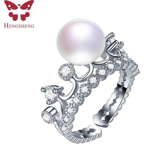Big Crown 9-10mm Genuine Natural Pearl Ring, 925 Sterling Silver Rings for Women Wedding Ring Wedding Rings Silver 925 Jewelry