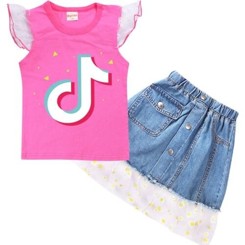 TIK TOK Summer Girls Clothing Set Flying Sleeve T-Shirt + Denim Skirt Suit Casual Suit