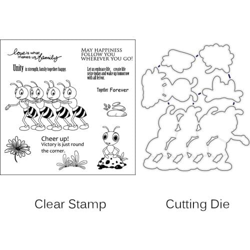 AZSG Cute Ant Team Cutting Dies Clear Stamps Set For DIY Scrapbooking/photo/Album Decorative Silicone Stamps Crafts
