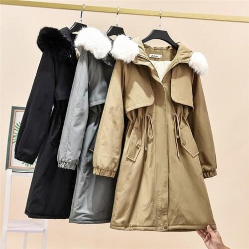 Fashion Korean Sold 2020 Long Jacket Women Winter Coats Down Cotton Fur Hooded Thicken Lady Winter Dress Black Khaki Gray