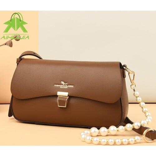 Fashion Luxury Pearl Strap Design Womens Messenger Bag Solid Color Shoulder Bags 2021 New High Quality Pu Leather Women Handbag