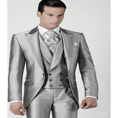 Mens Wedding Suits 2020 Silver grey Prom Groom Tuxedos Jacket+Pants+Vest Custom Made Wedding Suits For Men Groomsmen Suits