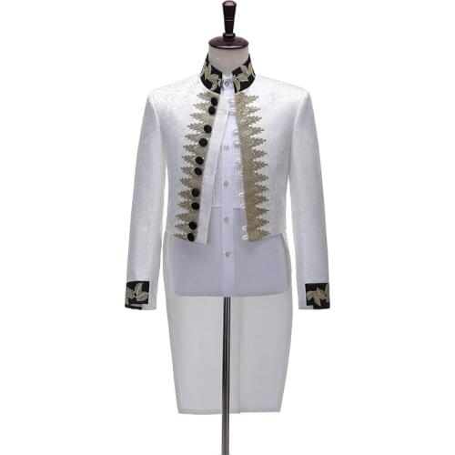 Men Blazer Retro European Court Jacquard White Gold Prince Suit Jacket Performance Dress Christmas Drama Stage Costume Banquet