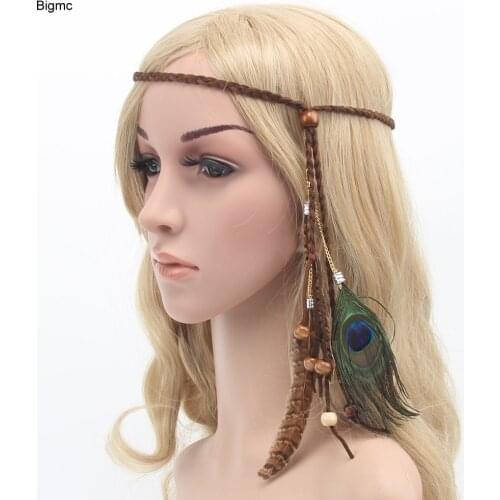 New Women Peacock Feather Headband Bohemian Indian Bride Headband Wooden Bead Twieted Hair Band Hair Jewelry A5022