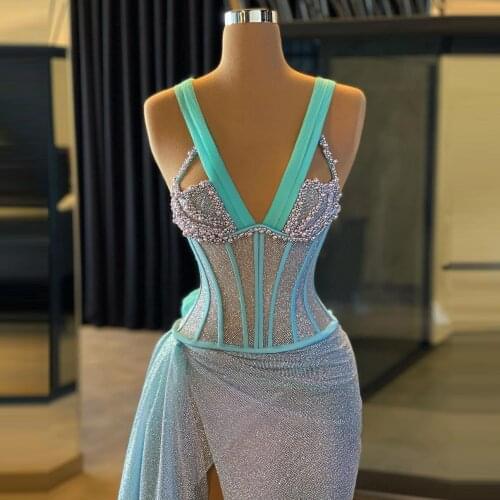 Sexy V Neck Evening Gowns Sleeveless Bandage Side Split With Train Glitter Women Prom Dresses Mermaid Shape 2021