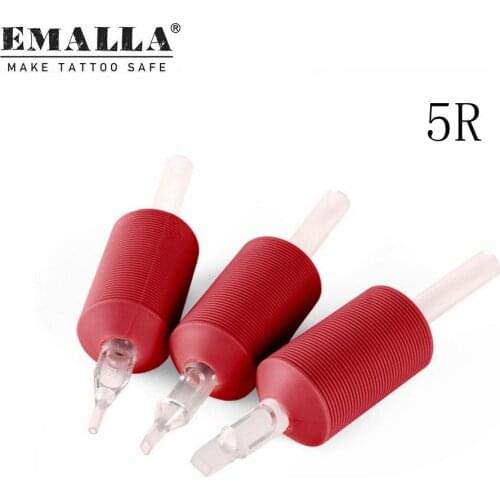 EMALLA 20PCS/Box Red Disposable Tattoo Grips 1"(25mm) 5R Tattoo Grip With Clear Long Tips For Tattoo Needles Tattoo Machine Gun