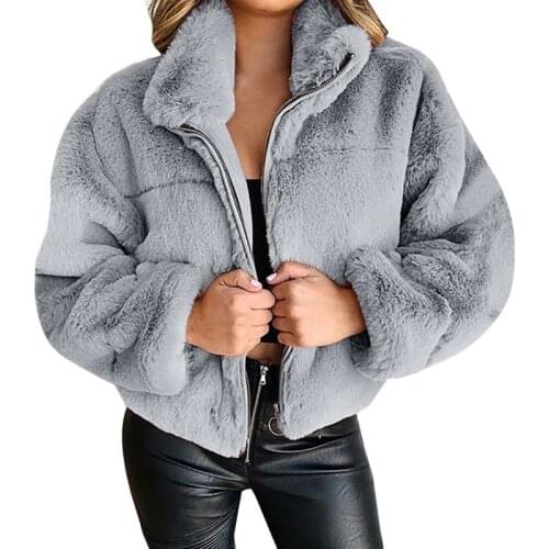 2021 Autumn Winter Fur Faux Coat Women Fashion Plus Size S-5XL Loose Zipper Solid Color Thick Warm Cropped Puffer Jacket JD1527