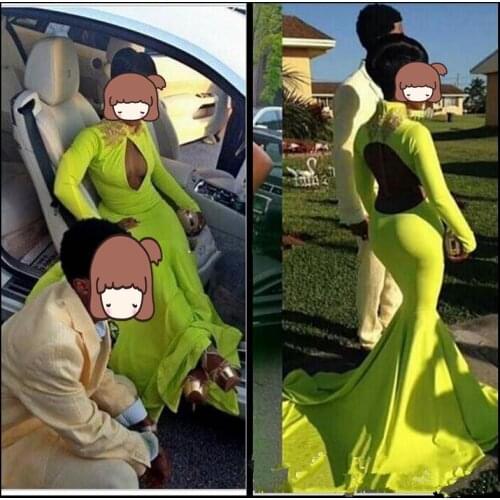 African Long Sleeve Mermaid Prom Dresses 2019 New Open Back Gold Lace Applique Formal Evening Party Gowns Custom prom dress