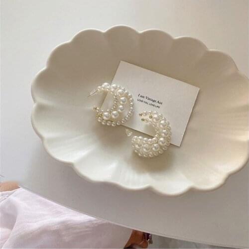 Origin Summer Exquisite White C Shape Geometric Pearl Hoop earrings for Women Stylish Hollow Moon Beaded Fashion earring Jewelry