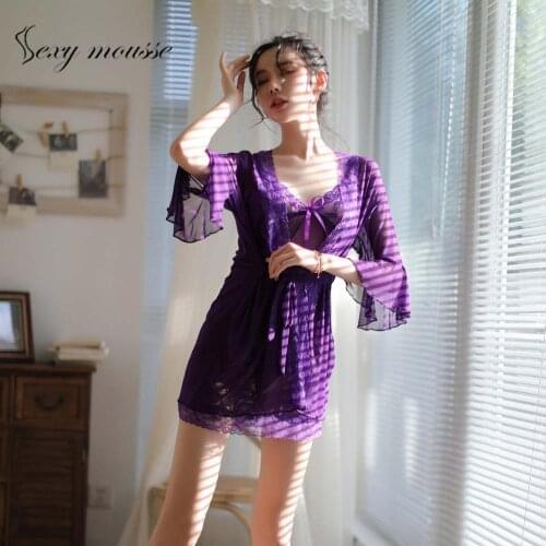 Sexy mousse sloth Three-piece suit Women lace Nightgown underwear nightdress Stretch Sleepwear lace Lingerie Nightwear sleepwear