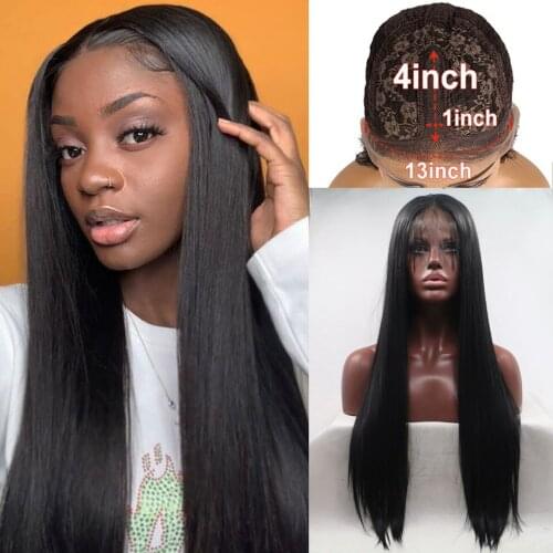 Heat Resistant Hair Black Color Synthetic Lace Front Wig For Black Women Middle Part Hand Tied Long Silky Straight Lace Wig