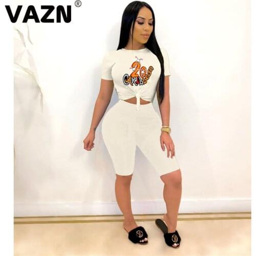 VAZN 2020 Summer Cartoon Print Women Clothes Outfit Matching Sets O-neck Short Sleeve Crop Top Shinny Wear