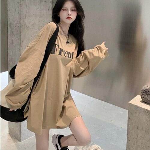#7135 Khaki Long Sleeves Spring Summer Coat Women Sweatshirt Tops Pullovers Korean Style Letter Print Casual Loose Fashion Cute