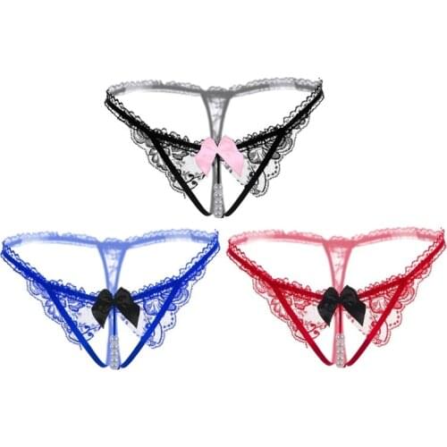 Women Erotict Opening Crotch Panties Lace Briefs Thongs G-String Lingerie Sexy Underwear with Pearls Massaging Bead