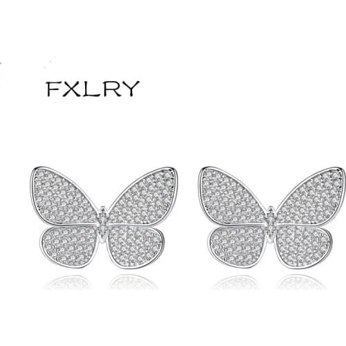 FXLRY Romantic White Color Cubic Zircon Butterfly Earrings For Women Wedding Fashion Jewelry