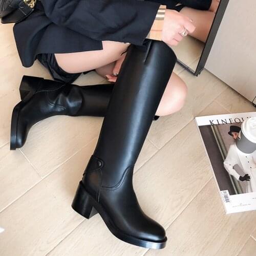 Women knee-high boots natural Leather shoes 22-25 cm length 6.5cm heel Spring and autumn cow leather zipper Chunky heel buckle