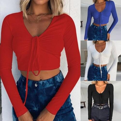 Womens V-neck Straps Sexy Exposed Navel Straps Long-Sleeved Ladies Top