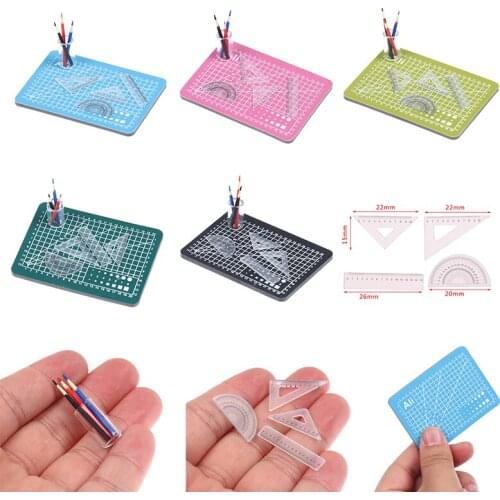 1 Set 1:12 Dollhouse Miniature Cutting Mat Ruler Pencil Pen Holder Set Doll Home Decor Pretend Play Dollhouse Toys