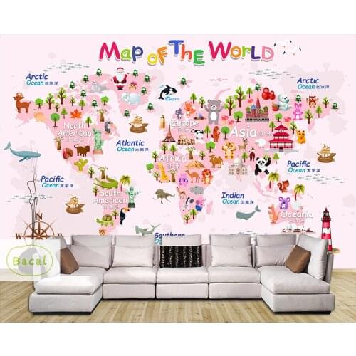 Bacal 5D Custom Pink World Map 3d Cartoon Animal Wallpaper Murals for Walls Girls Baby Room 3d wall Mural 3d Wall paper sticker