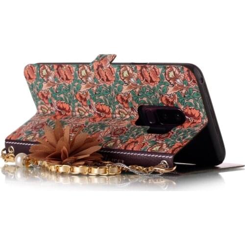 Go2linK Wallet Case For Samsung Galasy S9 Flowers Kickstand With Card Pocket Chain Leather Wallet Phone Case Cover Bag S9Plus
