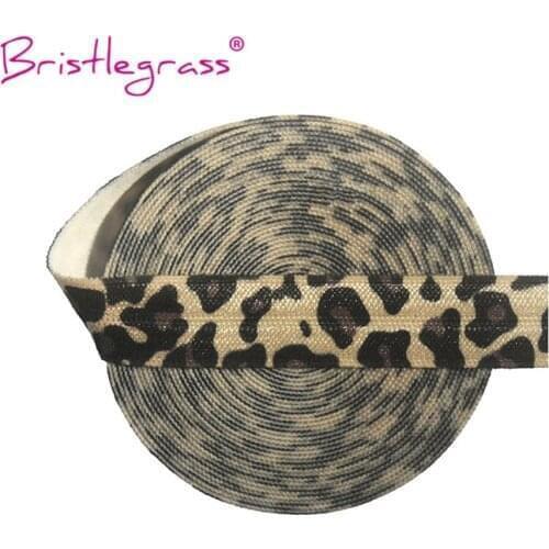 BRISTLEGRASS Wholesale 50 Yard 5/8" 15mm Nude Leopard Print FOE Fold Over Elastics Spandex Satin Band Hair Tie Tutu Dress Sewing