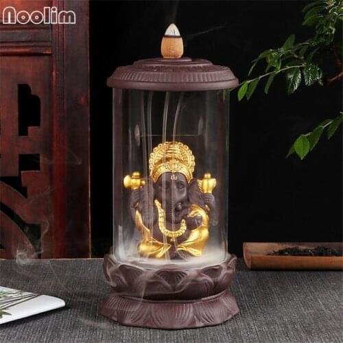Ganesha Buddha Waterfall Incense Burner Clear Acrylic Cover Backflow Incense Holder Aromatherapy Censer Crafts Ornaments