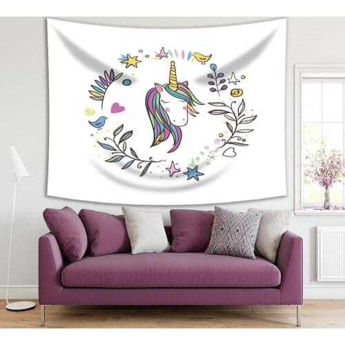 Tapestry Unicorn Pattern in A Frame of Leaves Branches Birds Stars Dreamy Fairy Tale Fun Purple Yellow Blue Art Printed kids