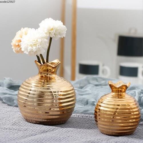 European-style Electroplating Ceramic Pomegranate Vase Creative Golden Flower Arrangement Container Dining Table Deco Small Vase